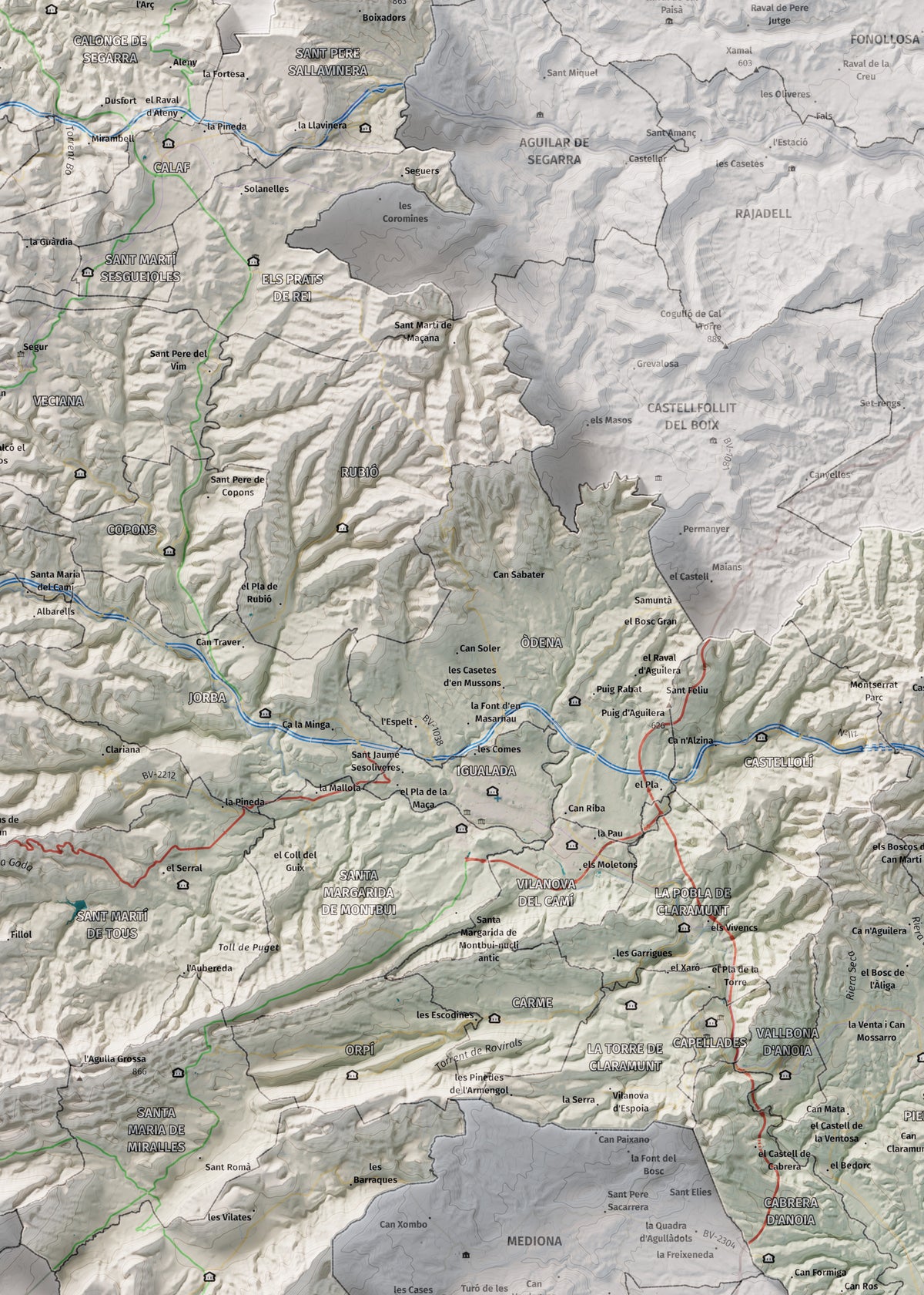 Mapa de relleu de l’Anoia, amb el territori en color i l’entorn en blanc. Detall de la part central. 50 × 70 cm. Estil Cartogràfic.