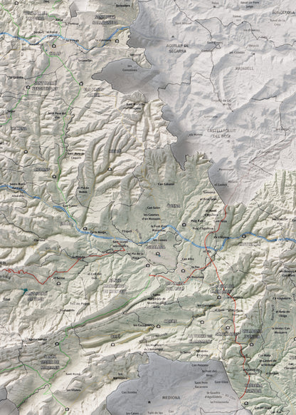 Mapa de relleu de l’Anoia, amb el territori en color i l’entorn en blanc. Detall de la part central. 50 × 70 cm. Estil Cartogràfic.