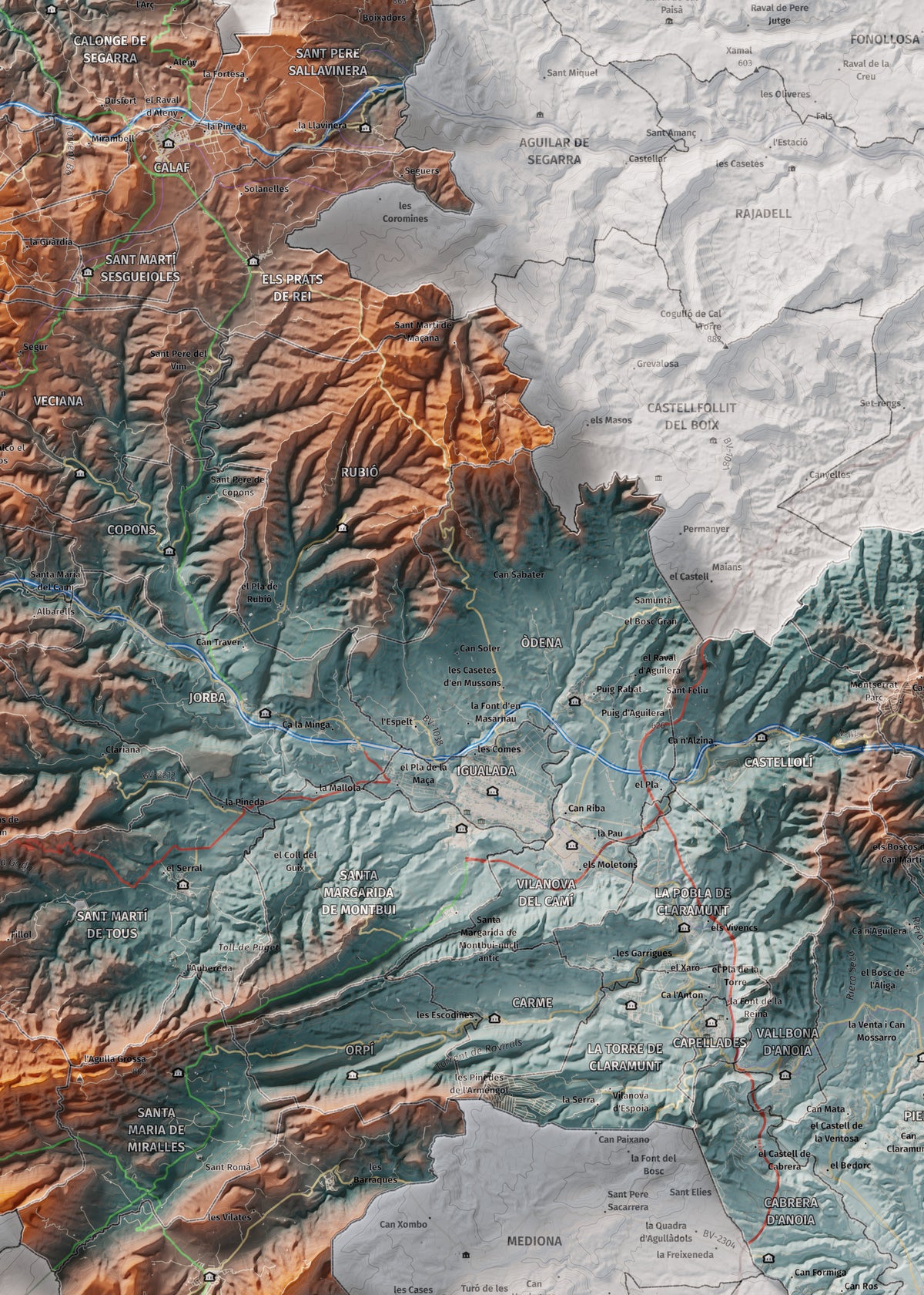 Mapa de relleu de l’Anoia, amb el territori en color i l’entorn en blanc. Detall de la part central. 50 × 70 cm. Estil Blau i taronja.