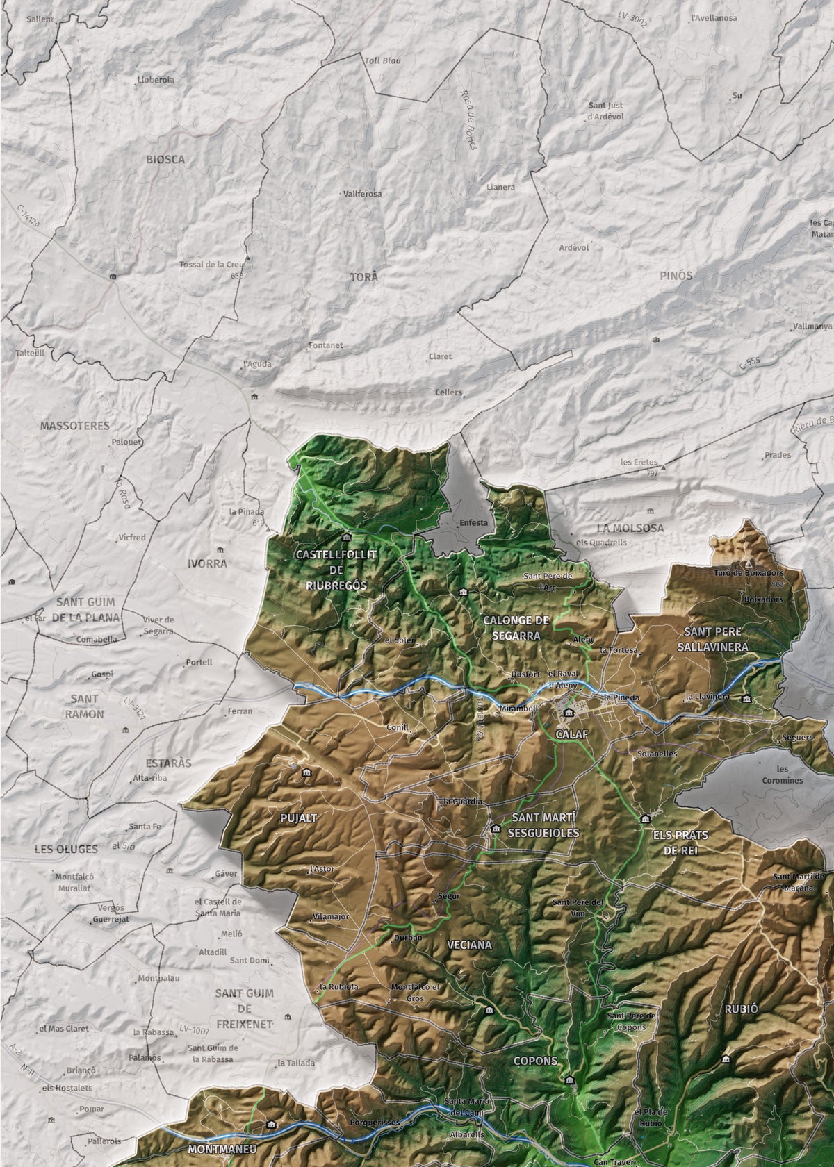 Mapa de relleu de l’Anoia, amb el territori en color i l’entorn en blanc. Detall de la part superior esquerra. 50 × 70 cm. Estil Clàssic.