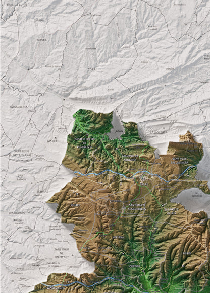Mapa de relleu de l’Anoia, amb el territori en color i l’entorn en blanc. Detall de la part superior esquerra. 50 × 70 cm. Estil Clàssic.