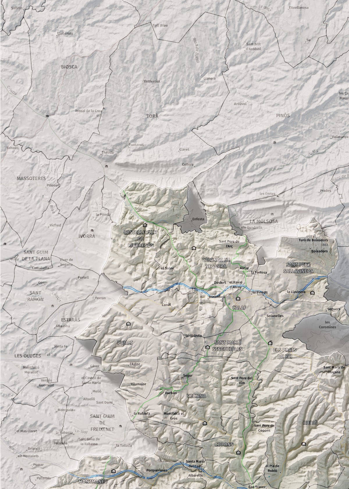 Mapa de relleu de l’Anoia, amb el territori en color i l’entorn en blanc. Detall de la part superior esquerra. 50 × 70 cm. Estil Cartogràfic.