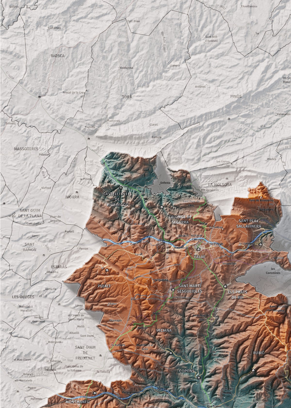 Mapa de relleu de l’Anoia, amb el territori en color i l’entorn en blanc. Detall de la part superior esquerra. 50 × 70 cm. Estil Blau i taronja.