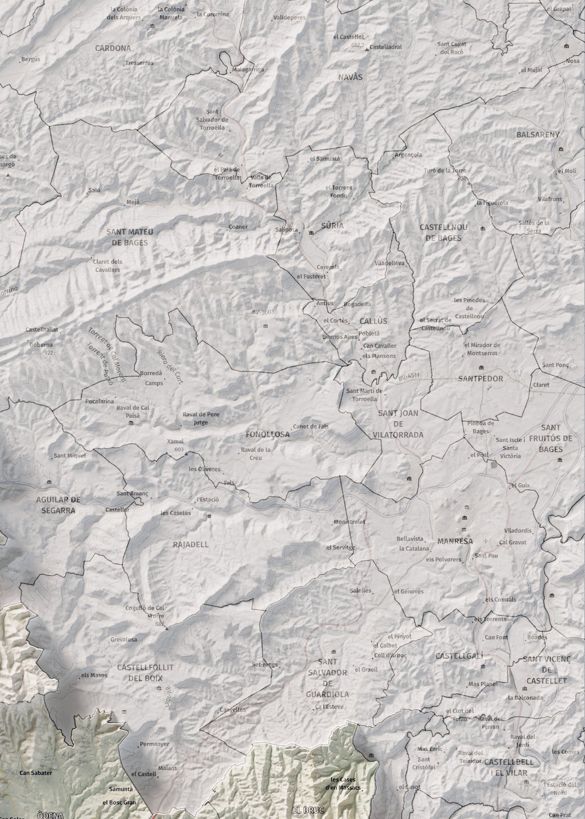 Mapa de relleu de l’Anoia, amb el territori en color i l’entorn en blanc. Detall de la part superior dreta. 50 × 70 cm. Estil Cartogràfic.