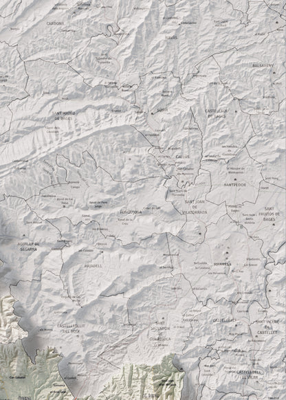 Mapa de relleu de l’Anoia, amb el territori en color i l’entorn en blanc. Detall de la part superior dreta. 50 × 70 cm. Estil Cartogràfic.