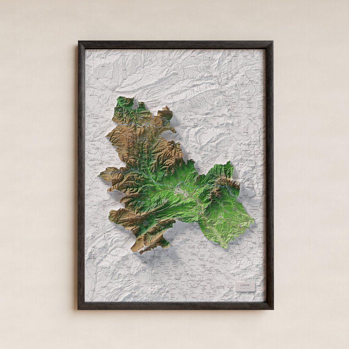 Mapa de relleu de l’Anoia, amb el territori en color i l’entorn en blanc. Presentació amb marc. 50 × 70 cm. Estil Clàssic.