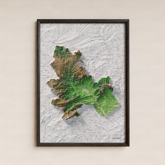 Mapa de relieve de la Anoia, con el territorio en color y el entorno en blanco. Presentación con marco. 50 × 70 cm. Estilo Clásico.