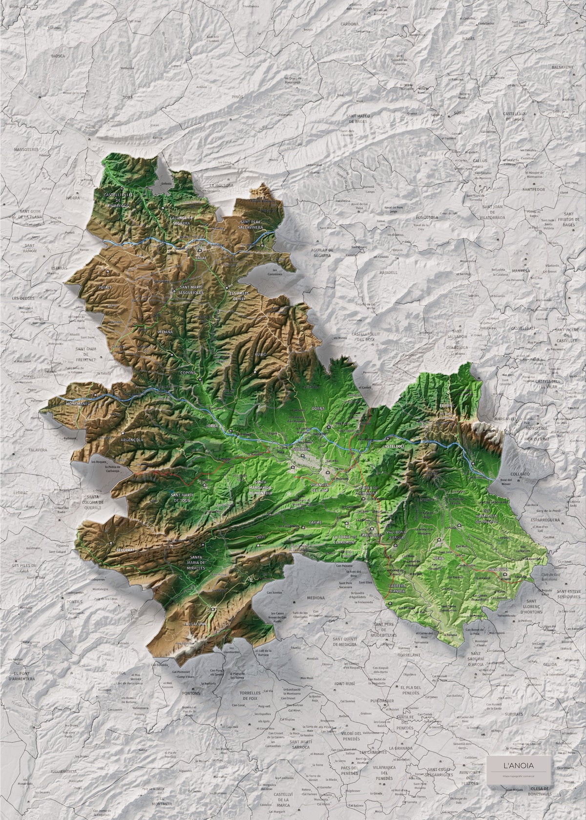 Mapa de relleu de l’Anoia, amb el territori en color i l’entorn en blanc. Vista completa de la làmina. 50 × 70 cm. Estil Clàssic.