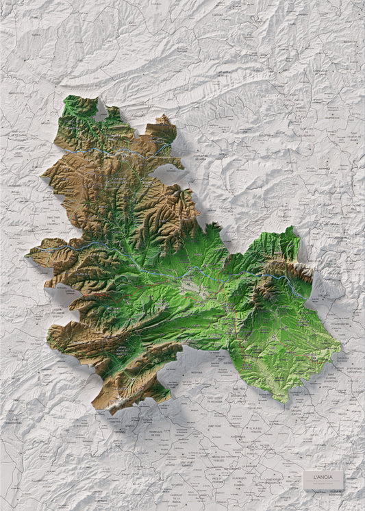 Mapa de relieve de la Anoia, con el territorio en color y el entorno en blanco. Vista completa de la lámina. 50 × 70 cm. Estilo Clásico.