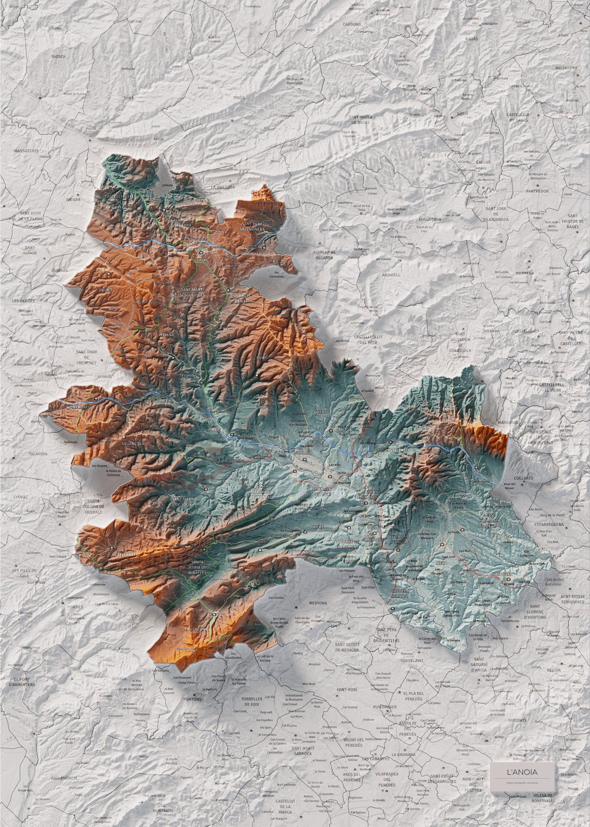 Mapa de relleu de l’Anoia, amb el territori en color i l’entorn en blanc. Vista completa de la làmina. 50 × 70 cm. Estil Blau i taronja.