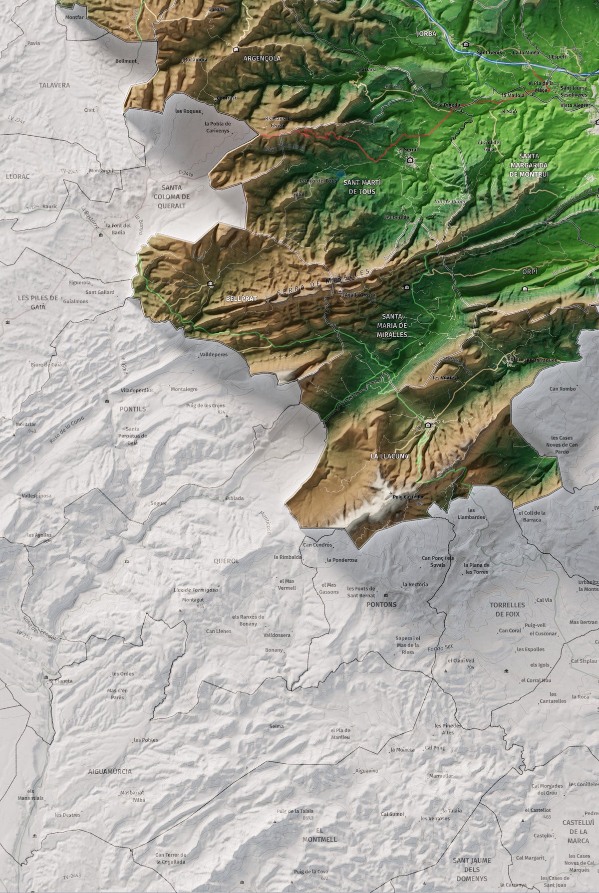 Mapa de relleu de l’Anoia, amb el territori en color i l’entorn en blanc. Detall de la part inferior esquerra. 61 × 91 cm. Estil Clàssic.
