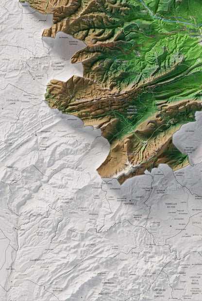 Mapa de relleu de l’Anoia, amb el territori en color i l’entorn en blanc. Detall de la part inferior esquerra. 61 × 91 cm. Estil Clàssic.