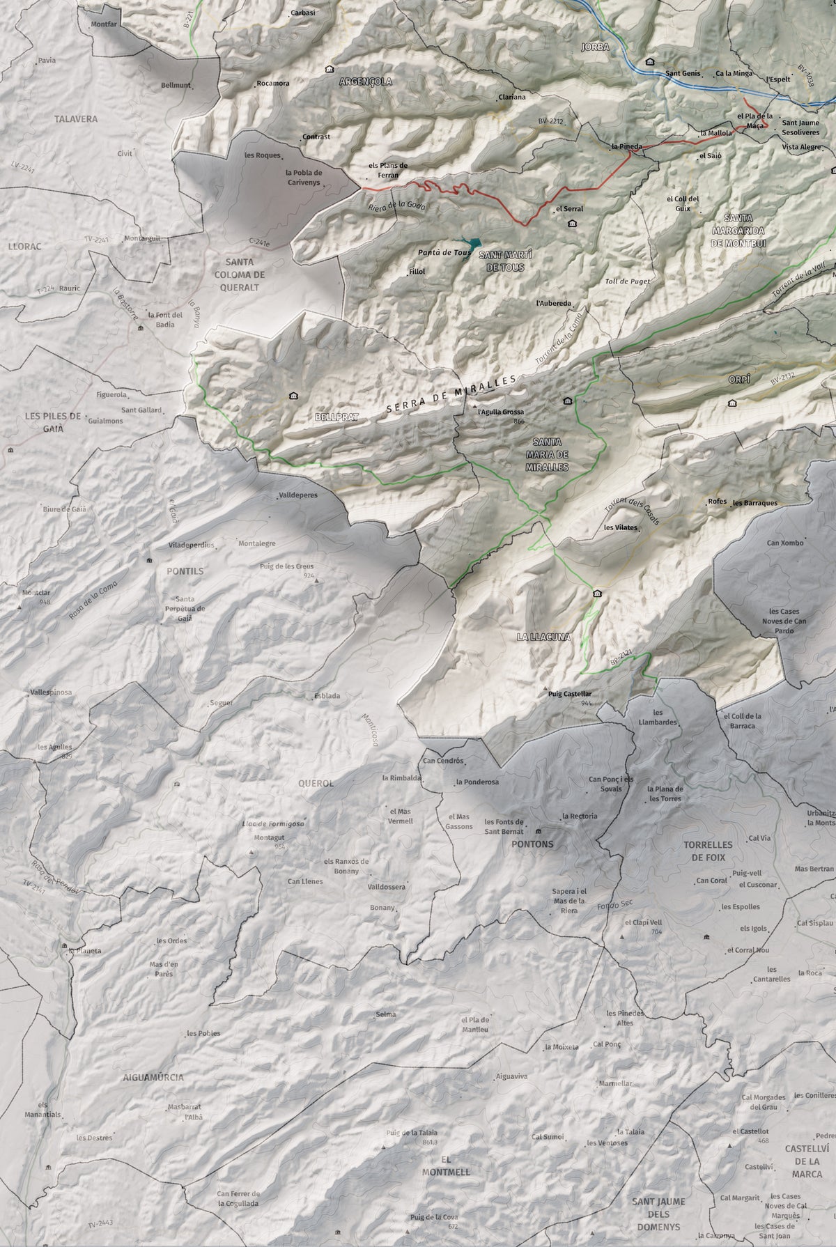 Mapa de relleu de l’Anoia, amb el territori en color i l’entorn en blanc. Detall de la part inferior esquerra. 61 × 91 cm. Estil Cartogràfic.