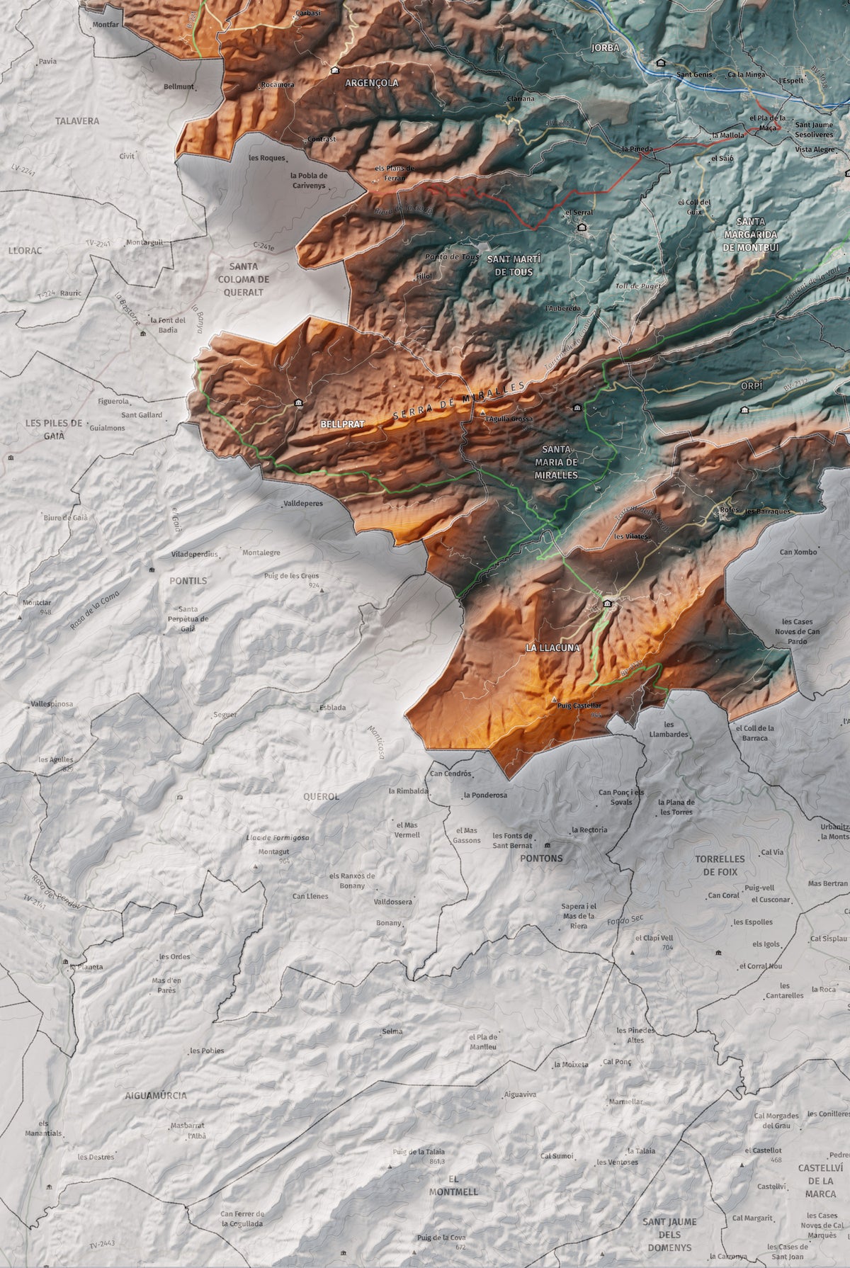 Mapa de relleu de l’Anoia, amb el territori en color i l’entorn en blanc. Detall de la part inferior esquerra. 61 × 91 cm. Estil Blau i taronja.