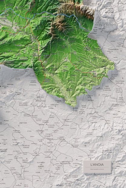 Mapa de relleu de l’Anoia, amb el territori en color i l’entorn en blanc. Detall de la part inferior dreta. 61 × 91 cm. Estil Clàssic.