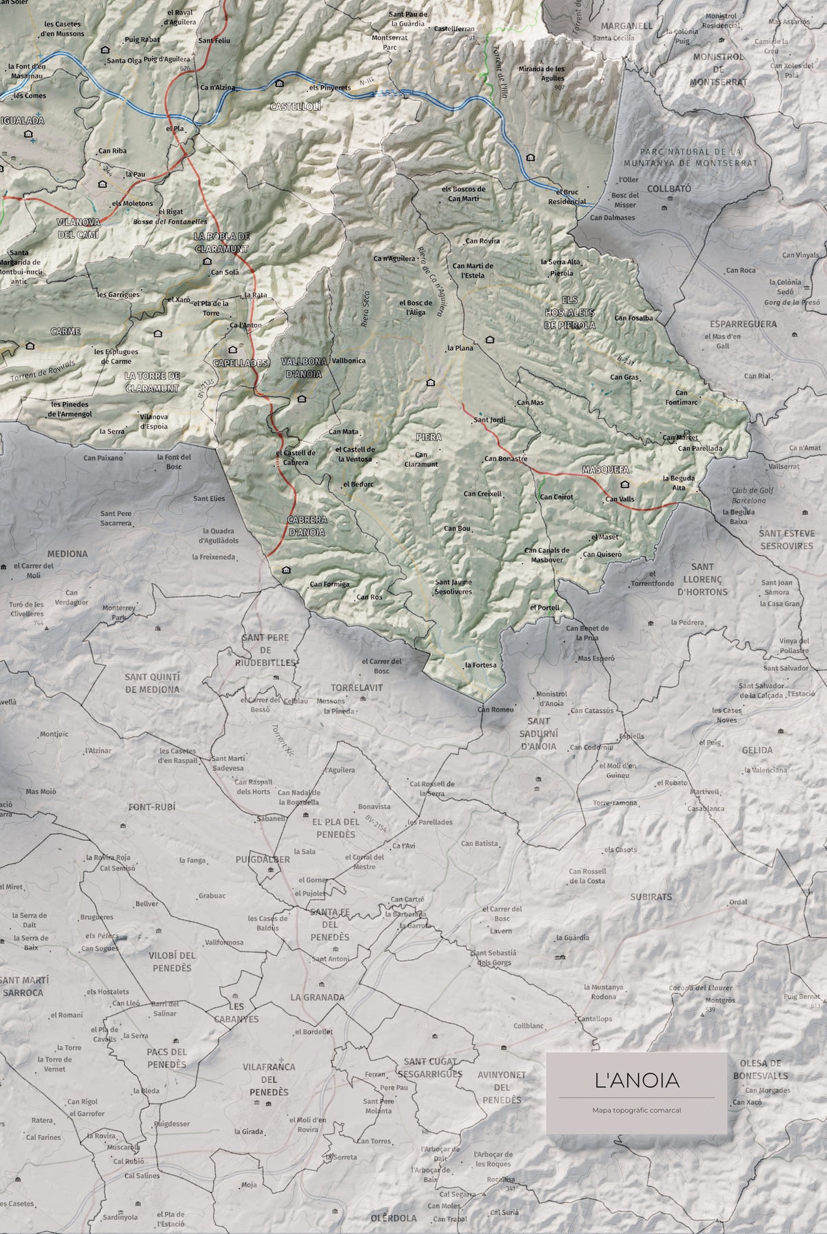 Mapa de relleu de l’Anoia, amb el territori en color i l’entorn en blanc. Detall de la part inferior dreta. 61 × 91 cm. Estil Cartogràfic.