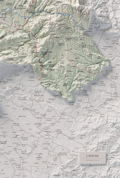 Mapa de relleu de l’Anoia, amb el territori en color i l’entorn en blanc. Detall de la part inferior dreta. 61 × 91 cm. Estil Cartogràfic.