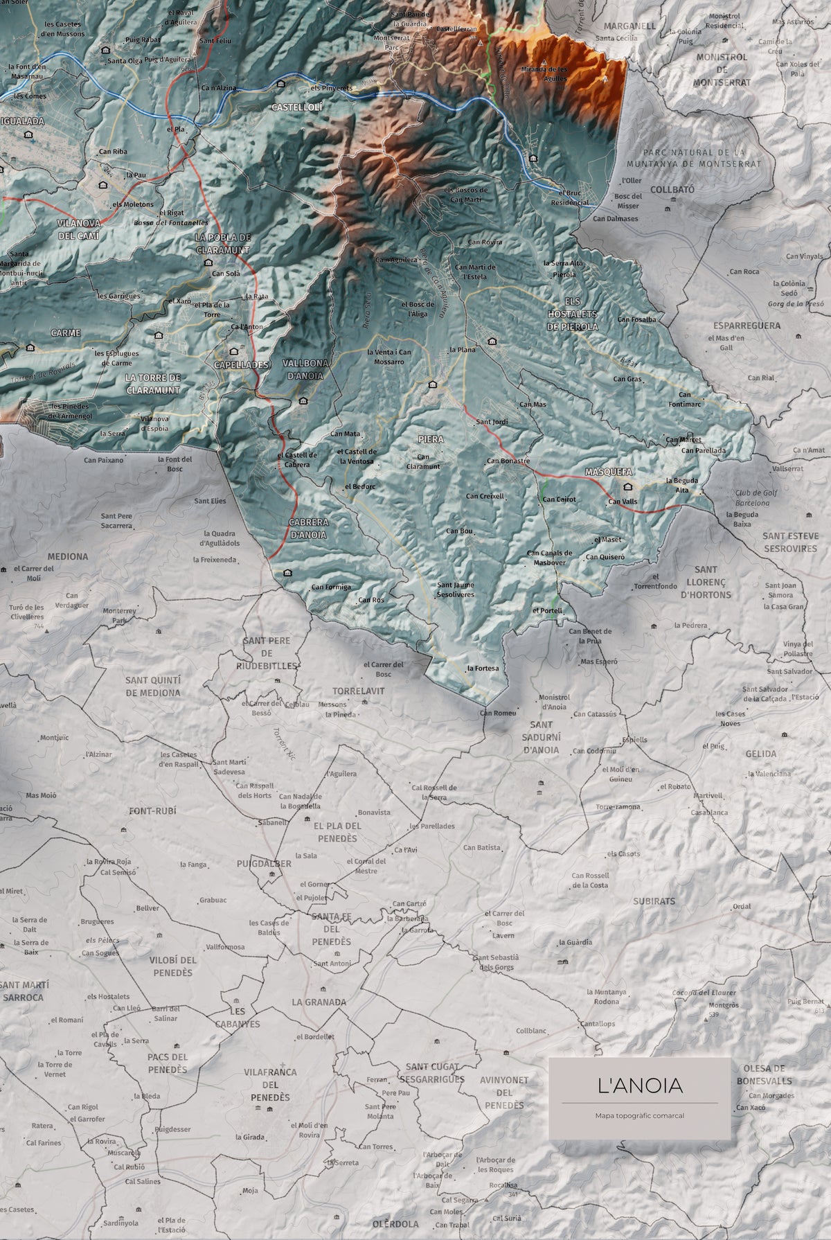 Mapa de relleu de l’Anoia, amb el territori en color i l’entorn en blanc. Detall de la part inferior dreta. 61 × 91 cm. Estil Blau i taronja.
