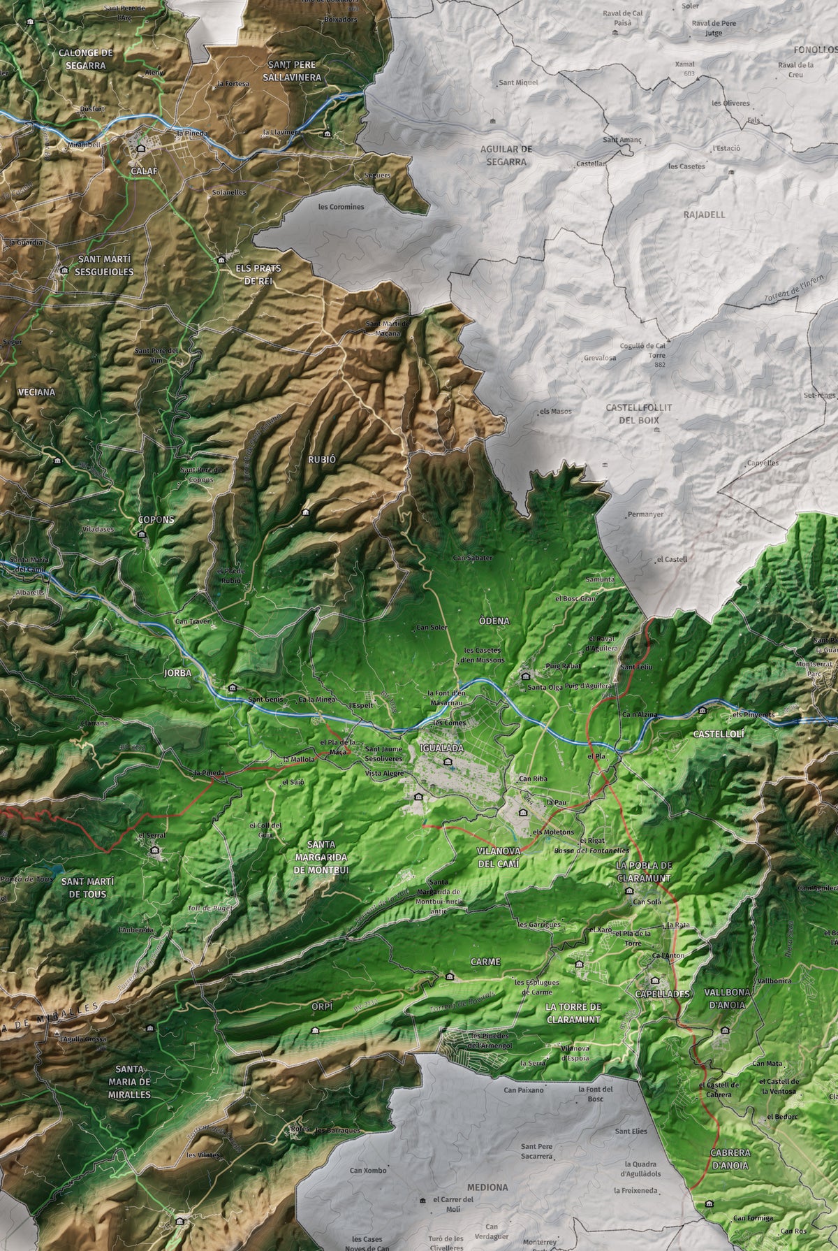 Mapa de relleu de l’Anoia, amb el territori en color i l’entorn en blanc. Detall de la part central. 61 × 91 cm. Estil Clàssic.