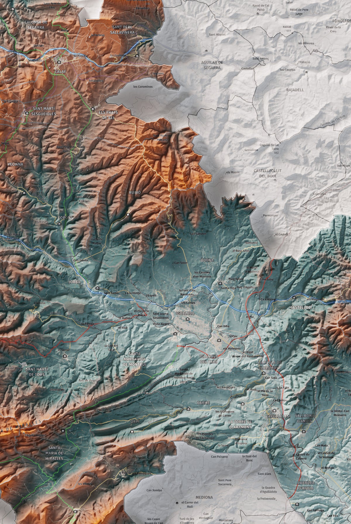 Mapa de relleu de l’Anoia, amb el territori en color i l’entorn en blanc. Detall de la part central. 61 × 91 cm. Estil Blau i taronja.