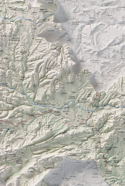 Mapa de relleu de l’Anoia, amb el territori en color i l’entorn en blanc. Detall de la part central. 61 × 91 cm. Estil Cartogràfic.
