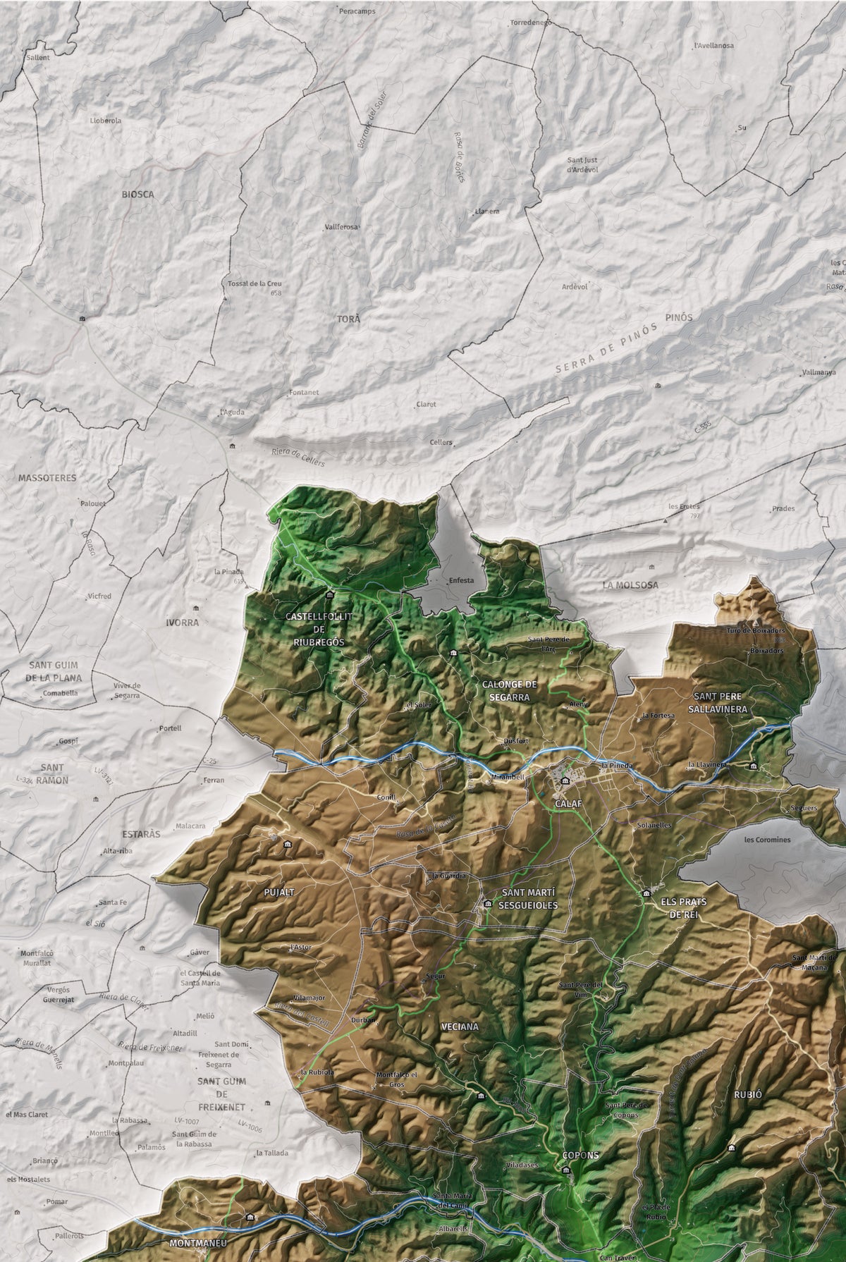 Mapa de relleu de l’Anoia, amb el territori en color i l’entorn en blanc. Detall de la part superior esquerra. 61 × 91 cm. Estil Clàssic.