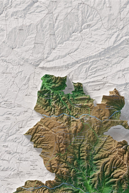Mapa de relleu de l’Anoia, amb el territori en color i l’entorn en blanc. Detall de la part superior esquerra. 61 × 91 cm. Estil Clàssic.
