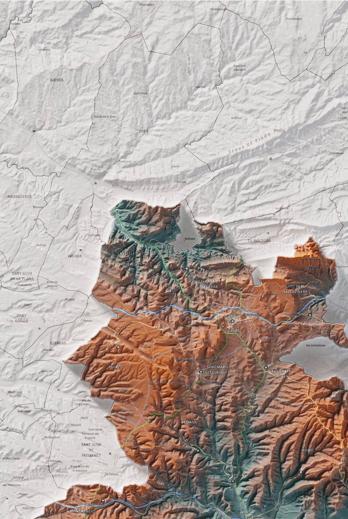 Mapa de relleu de l’Anoia, amb el territori en color i l’entorn en blanc. Detall de la part superior esquerra. 61 × 91 cm. Estil Blau i taronja.