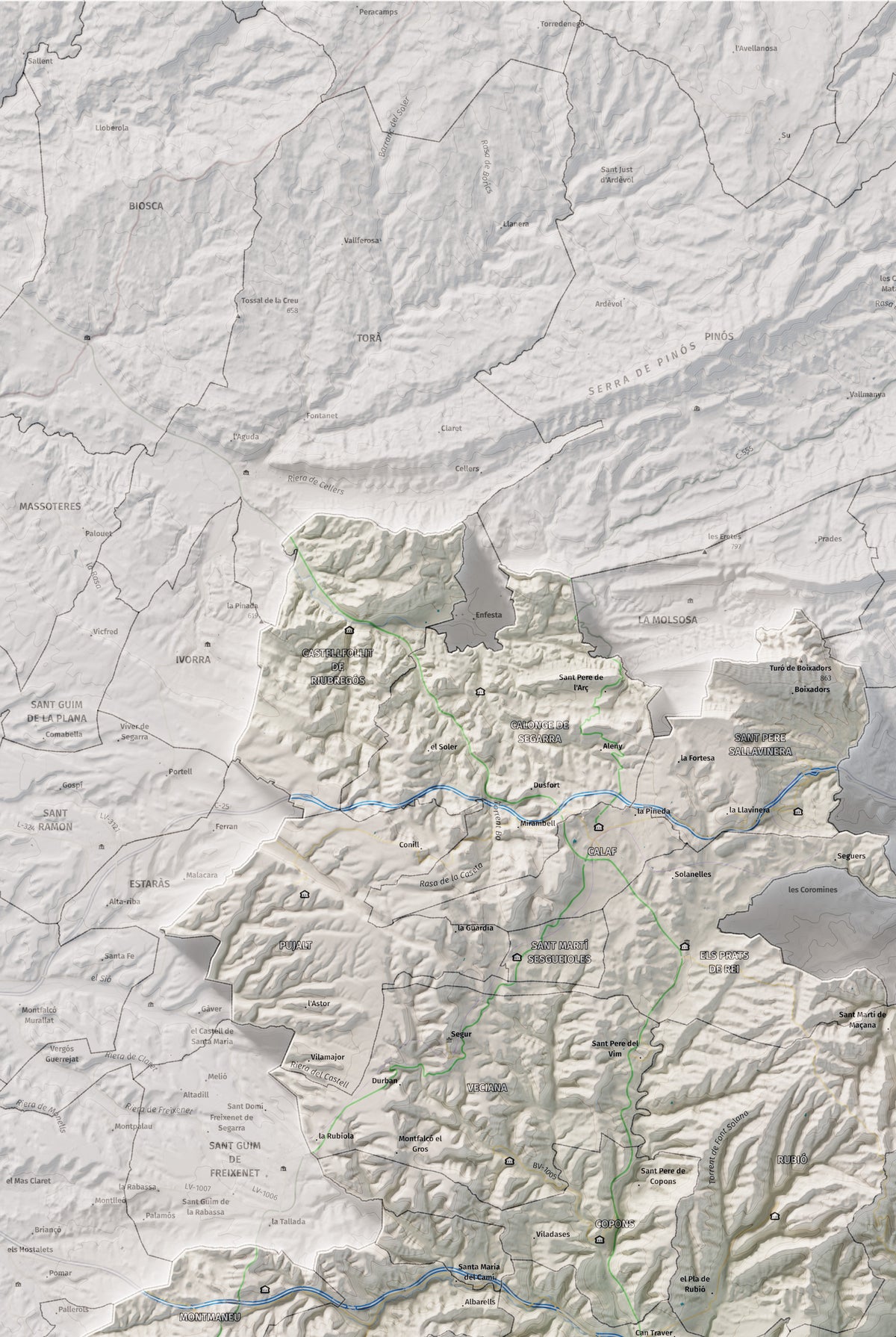 Mapa de relleu de l’Anoia, amb el territori en color i l’entorn en blanc. Detall de la part superior esquerra. 61 × 91 cm. Estil Cartogràfic.