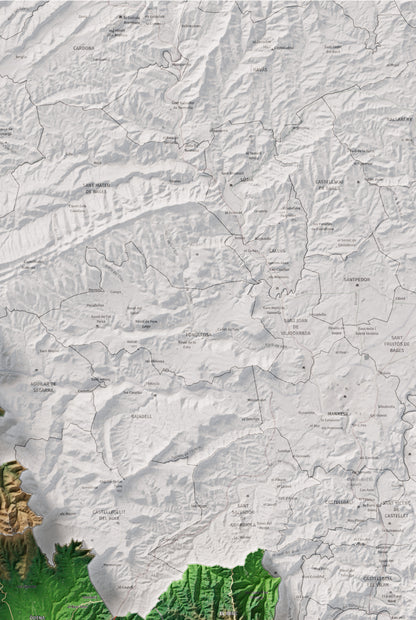 Mapa de relleu de l’Anoia, amb el territori en color i l’entorn en blanc. Detall de la part superior dreta. 61 × 91 cm. Estil Clàssic.