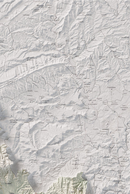 Mapa de relleu de l’Anoia, amb el territori en color i l’entorn en blanc. Detall de la part superior dreta. 61 × 91 cm. Estil Cartogràfic.