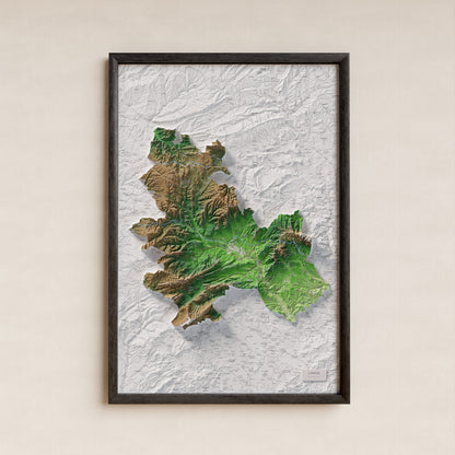 Mapa de relleu de l’Anoia, amb el territori en color i l’entorn en blanc. Presentació amb marc. 61 × 91 cm. Estil Clàssic.
