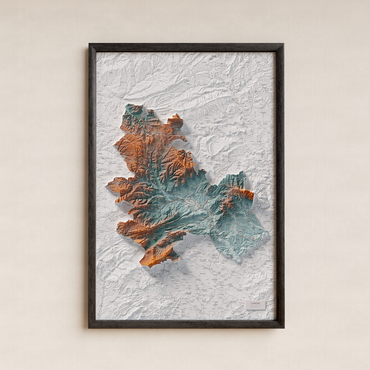 Mapa de relleu de l’Anoia, amb el territori en color i l’entorn en blanc. Presentació amb marc. 61 × 91 cm. Estil Blau i taronja.
