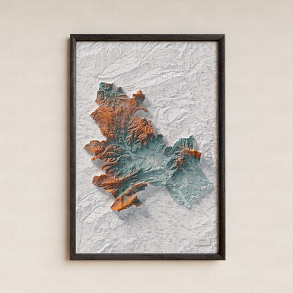 Mapa de relleu de l’Anoia, amb el territori en color i l’entorn en blanc. Presentació amb marc. 61 × 91 cm. Estil Blau i taronja.