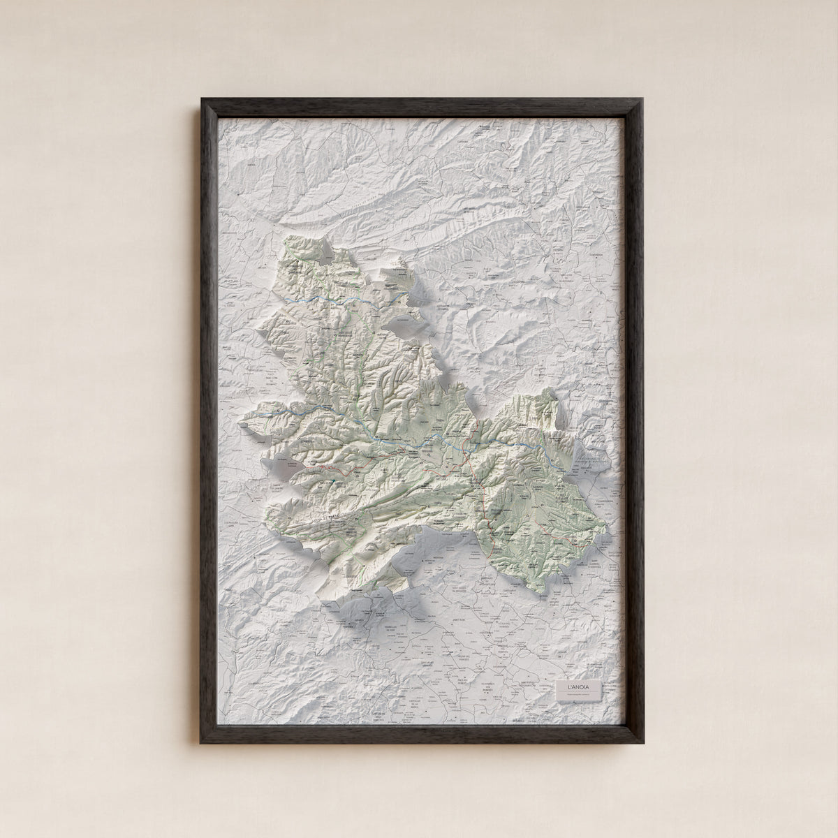 Mapa de relleu de l’Anoia, amb el territori en color i l’entorn en blanc. Presentació amb marc. 61 × 91 cm. Estil Cartogràfic.