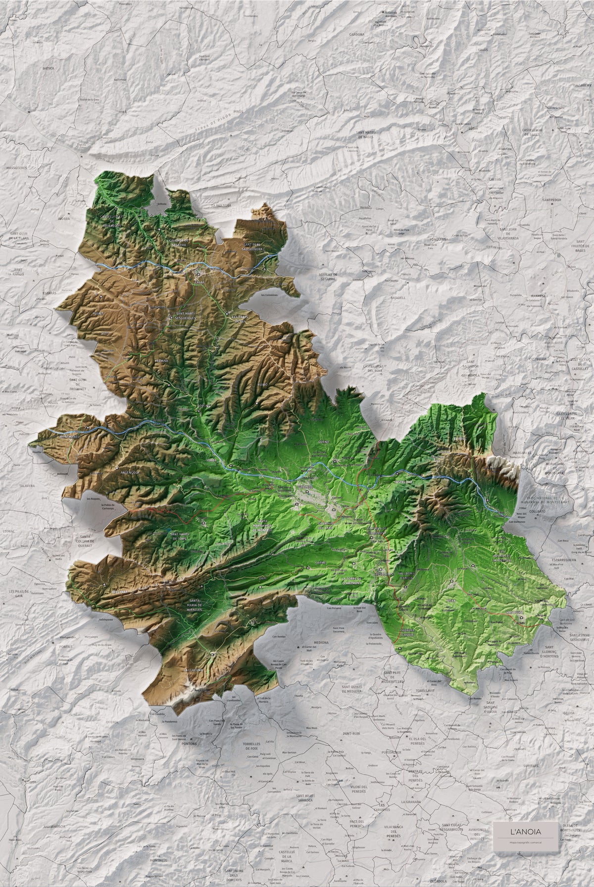 Mapa de relleu de l’Anoia, amb el territori en color i l’entorn en blanc. Vista completa de la làmina. 61 × 91 cm. Estil Clàssic.