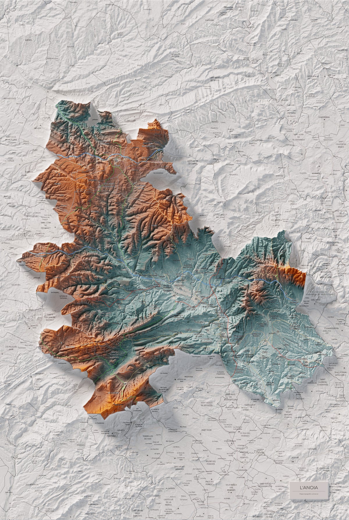 Mapa de relleu de l’Anoia, amb el territori en color i l’entorn en blanc. Vista completa de la làmina. 61 × 91 cm. Estil Blau i taronja.