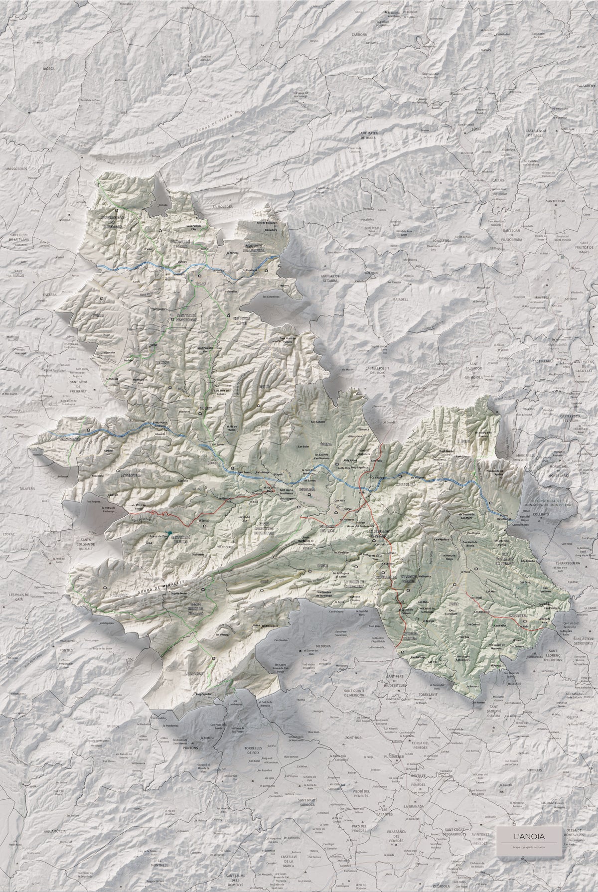 Mapa de relleu de l’Anoia, amb el territori en color i l’entorn en blanc. Vista completa de la làmina. 61 × 91 cm. Estil Cartogràfic.