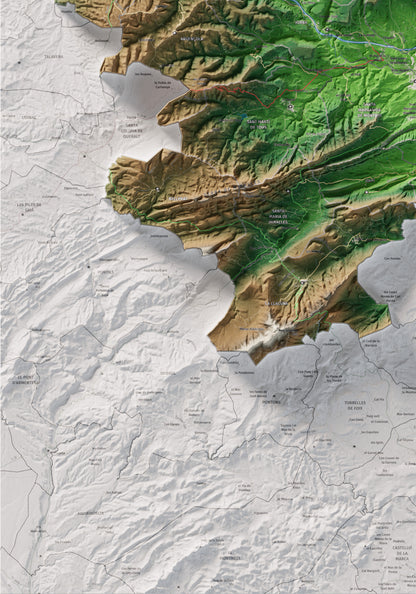 Mapa de relleu de l’Anoia, amb el territori en color i l’entorn en blanc. Detall de la part inferior esquerra. 70 × 100 cm. Estil Clàssic.
