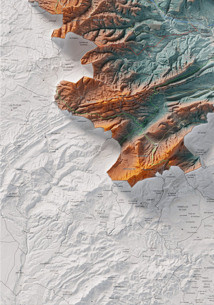 Mapa de relleu de l’Anoia, amb el territori en color i l’entorn en blanc. Detall de la part inferior esquerra. 70 × 100 cm. Estil Blau i taronja.