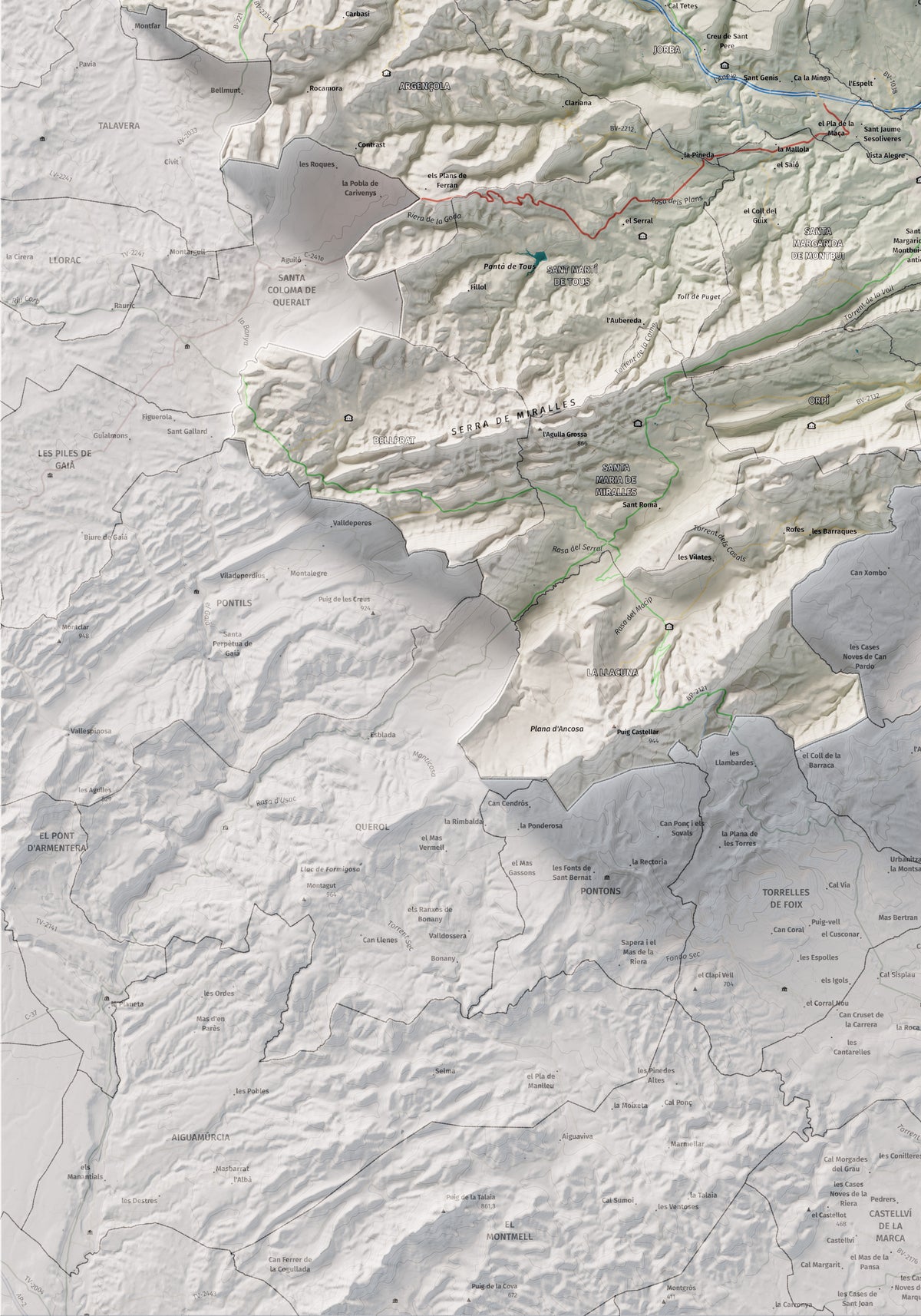 Mapa de relleu de l’Anoia, amb el territori en color i l’entorn en blanc. Detall de la part inferior esquerra. 70 × 100 cm. Estil Cartogràfic.