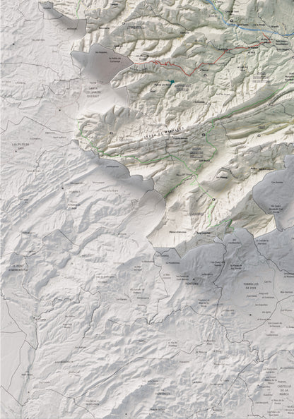 Mapa de relleu de l’Anoia, amb el territori en color i l’entorn en blanc. Detall de la part inferior esquerra. 70 × 100 cm. Estil Cartogràfic.