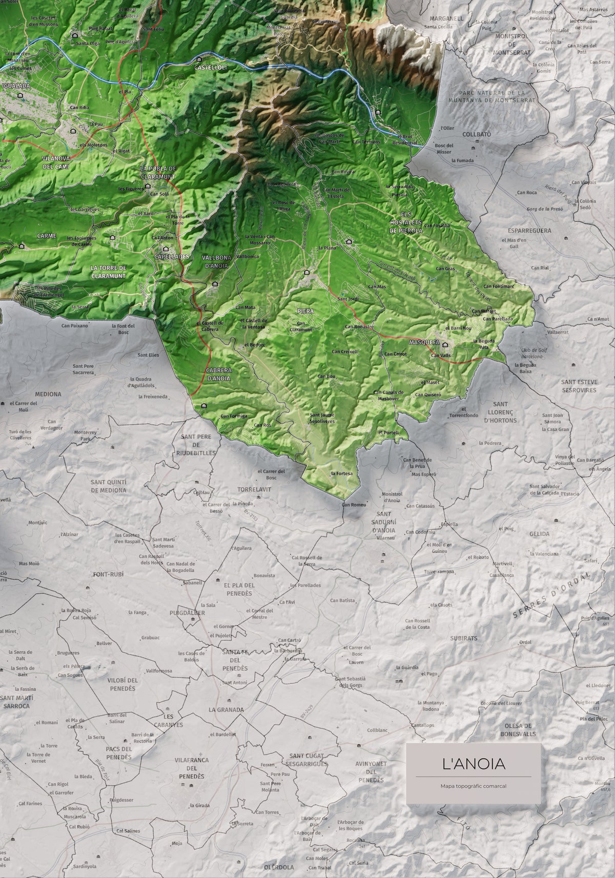 Mapa de relleu de l’Anoia, amb el territori en color i l’entorn en blanc. Detall de la part inferior dreta. 70 × 100 cm. Estil Clàssic.
