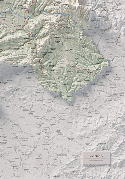 Mapa de relleu de l’Anoia, amb el territori en color i l’entorn en blanc. Detall de la part inferior dreta. 70 × 100 cm. Estil Cartogràfic.