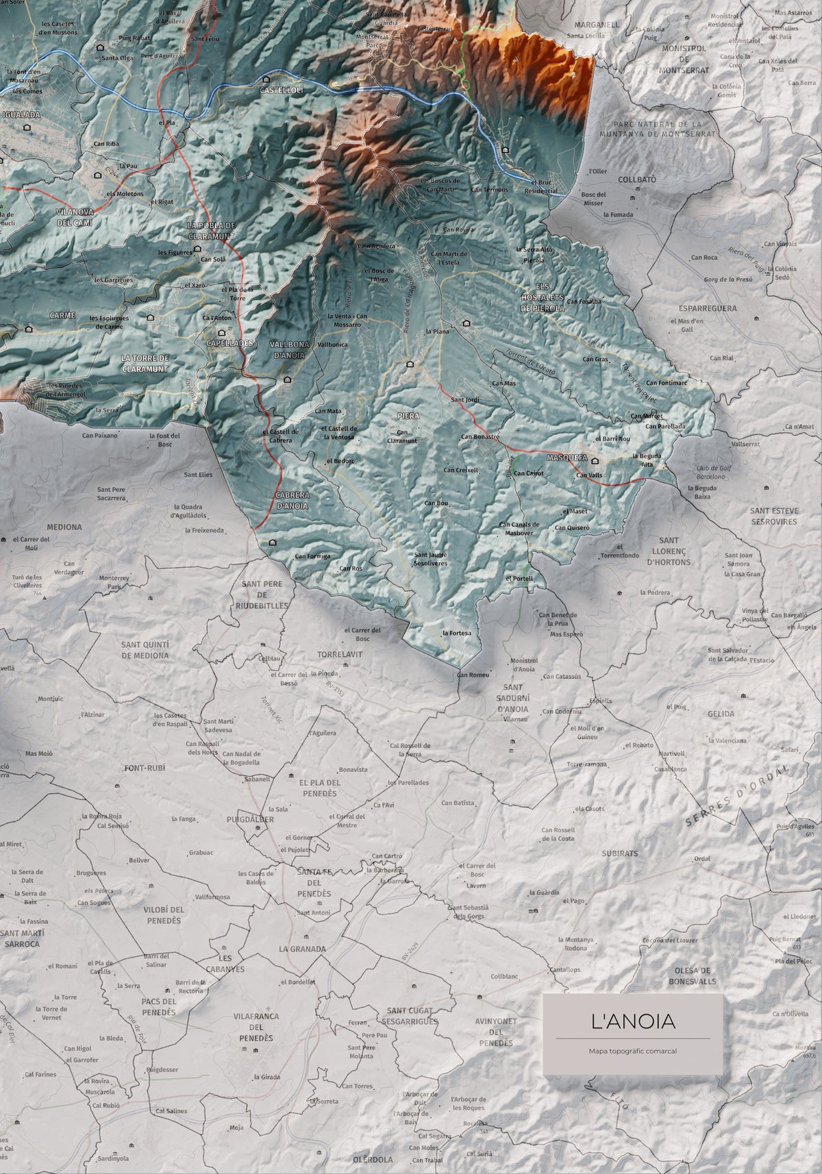 Mapa de relleu de l’Anoia, amb el territori en color i l’entorn en blanc. Detall de la part inferior dreta. 70 × 100 cm. Estil Blau i taronja.