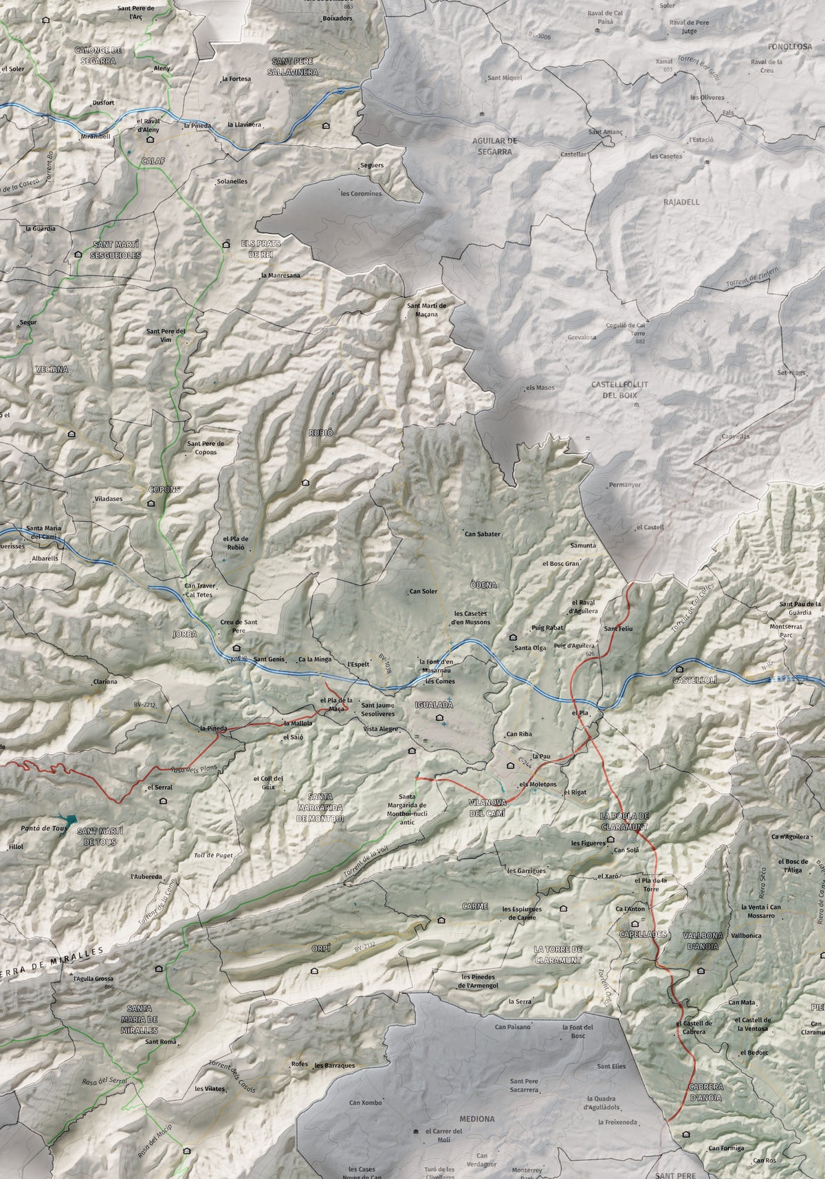 Mapa de relleu de l’Anoia, amb el territori en color i l’entorn en blanc. Detall de la part central. 70 × 100 cm. Estil Cartogràfic.