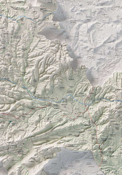 Mapa de relleu de l’Anoia, amb el territori en color i l’entorn en blanc. Detall de la part central. 70 × 100 cm. Estil Cartogràfic.