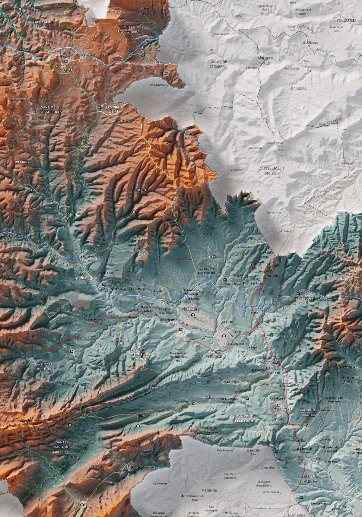 Mapa de relleu de l’Anoia, amb el territori en color i l’entorn en blanc. Detall de la part central. 70 × 100 cm. Estil Blau i taronja.