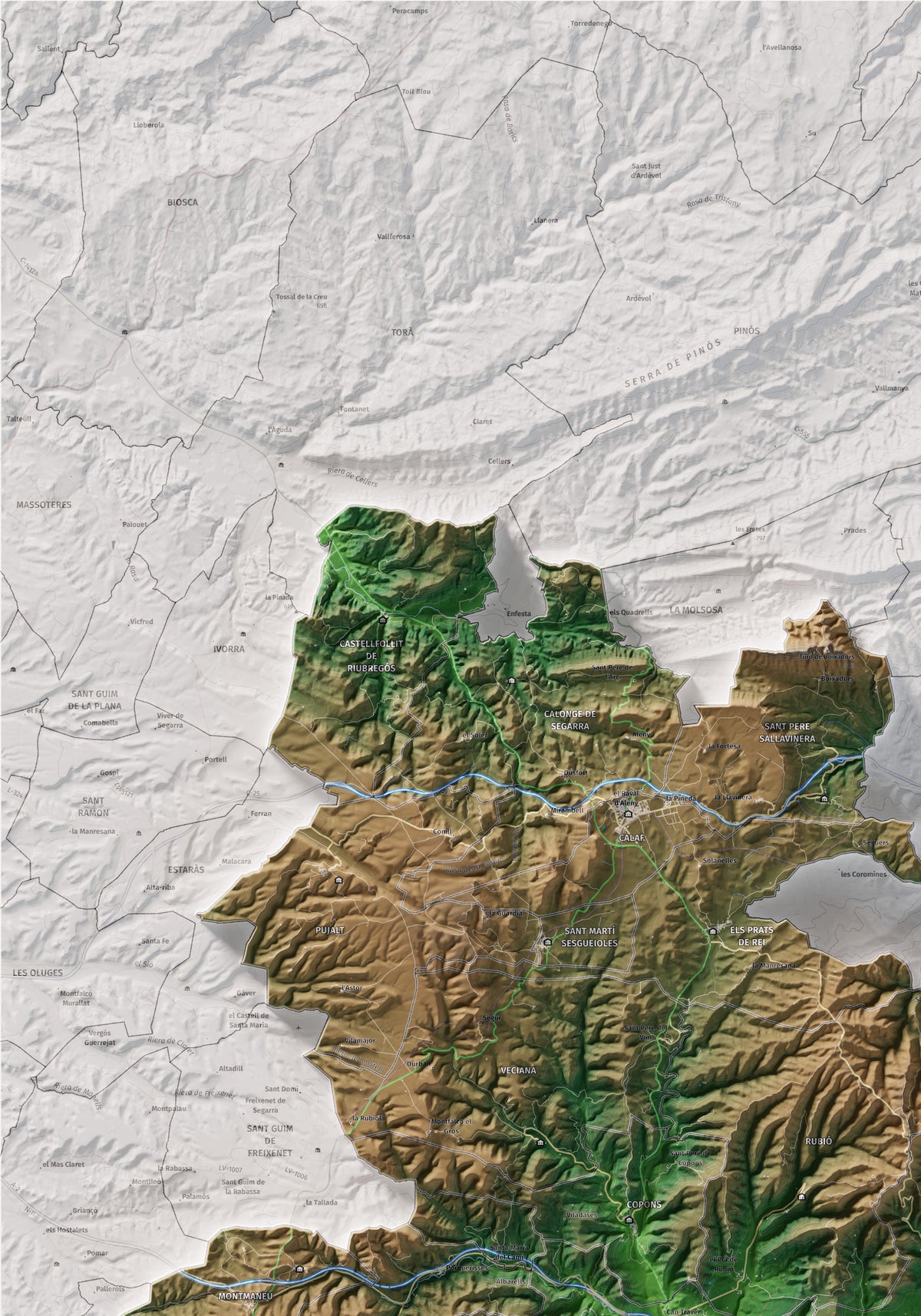 Mapa de relleu de l’Anoia, amb el territori en color i l’entorn en blanc. Detall de la part superior esquerra. 70 × 100 cm. Estil Clàssic.