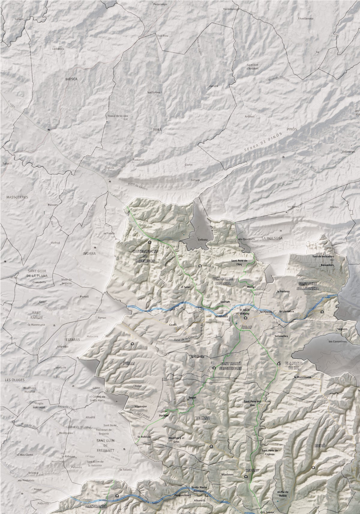 Mapa de relleu de l’Anoia, amb el territori en color i l’entorn en blanc. Detall de la part superior esquerra. 70 × 100 cm. Estil Cartogràfic.